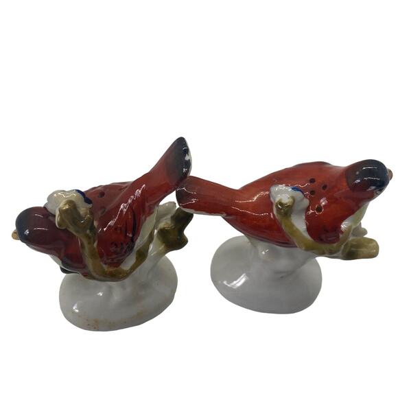 Vintage Ceramic Japan Red Birds in Blue Flowering tree Salt & Pepper Shakers Set - Picture 8 of 13